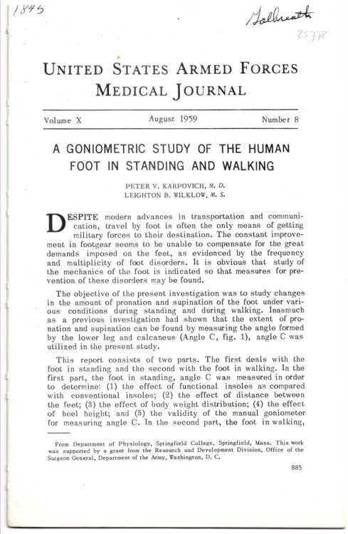A Goniometric Study of the Human Foot in Standing and Walking. Reprinted from the United States Armed Forces Medical Journal. Volume X. August 1959. Number 8