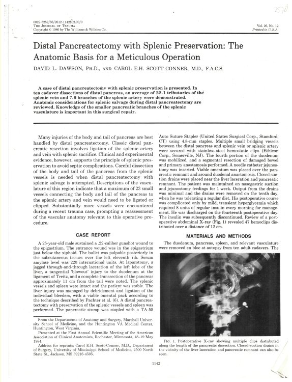 Distal Pancreatectomy with Splenic Preservation: the Anatomic Basis for a Meticuluous Operation. Offprint from the Journal of Trauma Volume 26, No. 12