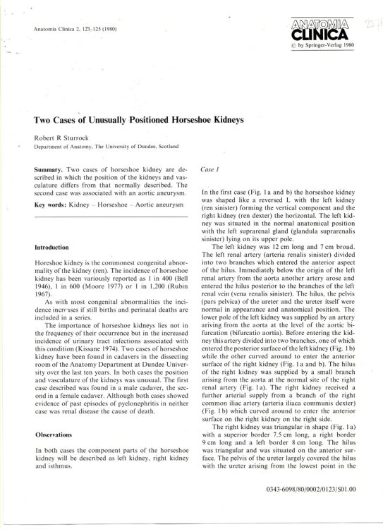Two Cases of Unusually Positioned Horseshoe Kidneys. Offprint from Anatomia Clinica Volume 2 1980