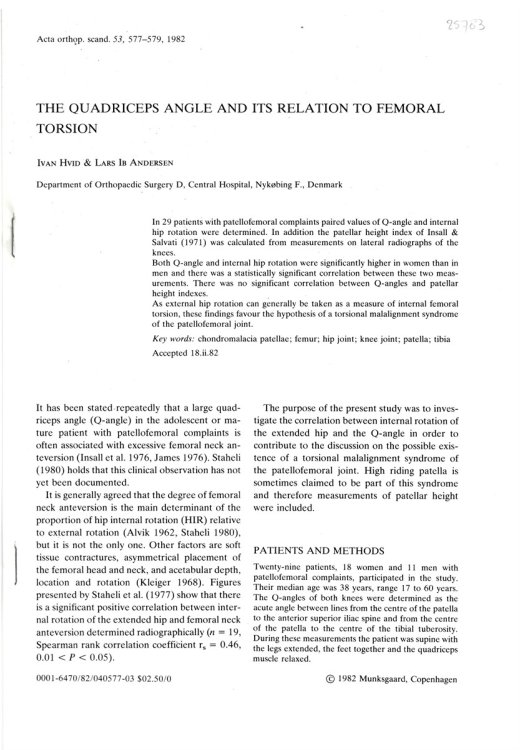 The Quadriceps Angle and its Relation to Femoral Torsion (Acta Ortop. Scand. 53, 1982)