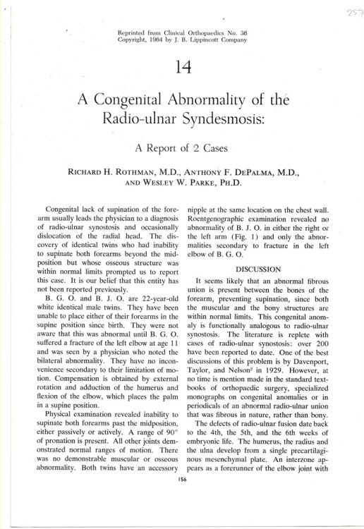 A Congenital Abnormality of the Radio-Ulnar Syndesmosis: a Report of 2 Cases. Reprinted from Clinical Orthopaedics No. 36