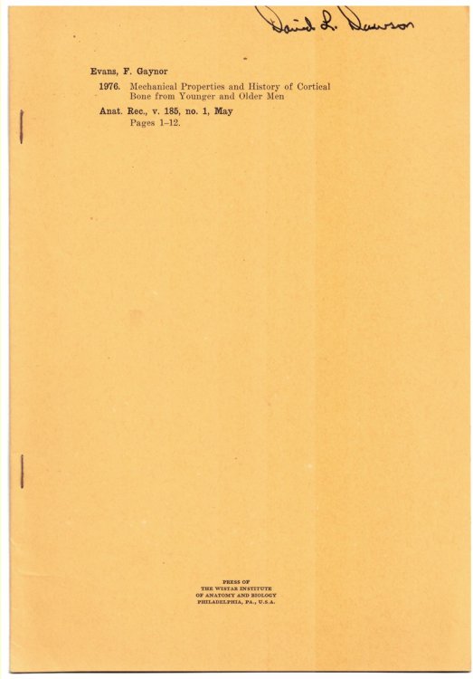 Mechanical Properties and History of Cortical Bone from Younger and Older Men. Reprinted from Anatomical Record, Volume 185, No. 1, May