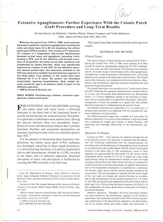 Extensive Aganglionosis: Further Experience with the Colonic Patch Graft Procedure and Long-Term Results. Offprint from Journal of Pediatric Surgery, Vol. 23, No. 1 (January) 1988