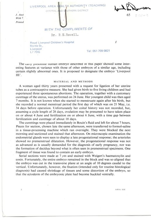 A Presomite Human Embryo of Horizon VII. Reprinted from Journal of Anatomy Volume 121, No. 1 1976
