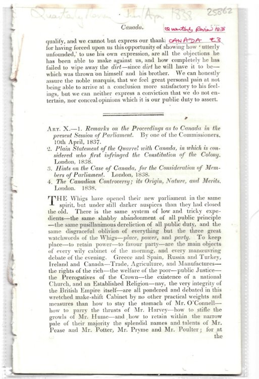 Art. X - 2. Remarks on the Proceedings As to Canada in the Present Session of Parliament. by One of the Commissioners . Disbound from the Quarterly Review 1838