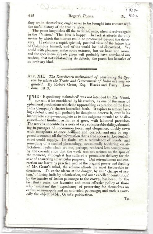 Art. XII. the Expediency Maintained of Continuing the System by Which the Trade and Government of India Are Now Regulated. by Robert Grant, Esq. Blacks and Parry London 1813. Disbound from the Quarterly Review 1813