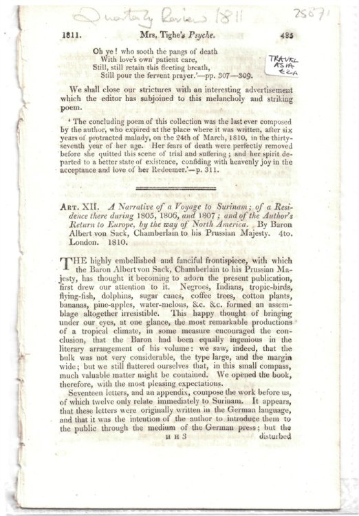 Art. XII. a Narrative of a Voyage to Surinam; of a Residence There During 1805, 1806, and 1807; and of the Author's Return to Europe, by Way of North America. by Baron Albert Von Sack, Chamberlain to His Prussian Majesty. 4to. London, 1810. - Disbound Fro