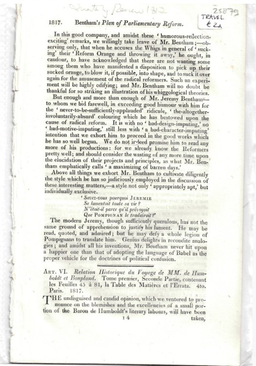 Art. VI. Relation Historique Du Voyage De MM. De Humboldt Et Bonpland. Tome Premier, Seconde Partie, Contenant Les Feuilles 45 81 . Paris, 1817 - Disbound from the Quarterly Review 1817