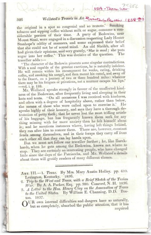 Art. III. - 1. Texas. by Mrs. Mary Austin Holley. 2. Trip to the West and Texas, with a Brief Sketch of the Texian War. by A. A. Parker . - Disbound from the Quarterly Review January-April 1838