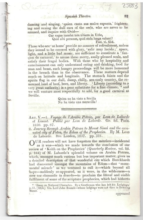 Art. V. - 1. Voyage De L'Arabie Ptre, Par Leon De Laborde . 2. Journey through Arabia Petraea to Mount Sinai and the Excavated City of Petra, the Edom of the Prophecies. B. Disbound from the Quarterly Review July-October 1837