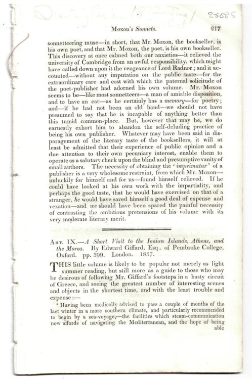 Art. IX. - a Short Visit to the Ionian Islands, Athens, and the Morea. by Edward Giffard, Esq. , of Pembroke College, Oxford, Pp. 399. London, 1837 - Disbound from the Quarterly Review 1837