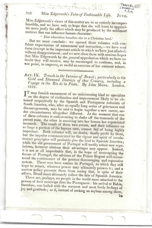 Art. IX. Travels in the Interior of Brazil; Particularly in the Gold and Diamond Districts of That Country, Including a Voyage to the Rio De La Plata. by John Mawe. London, 1812. - Disbound from the Quarterly Review 1812