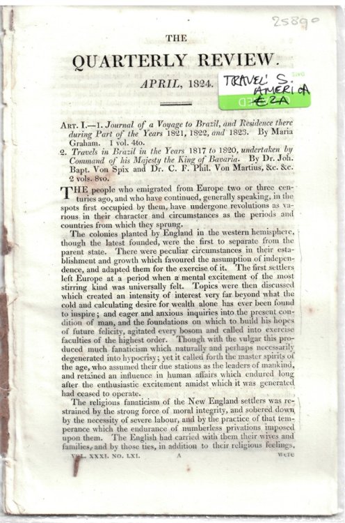 Art. I. - 1. Journal of a Voyage to Brazil, and Residence There During Part of the Years 1821, 1822, and 1823. by Maria Graham. . - Disbound from the Quarterly Review April 1824