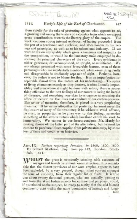 Art. IX. Notices Respecting Jamaica, in 1808, 1809, 1810. by Gilbert Mathison, Esq. 8vo. Pp. 117. London. Stockdale 1811 - Disbound from the Quarterly Review 1811