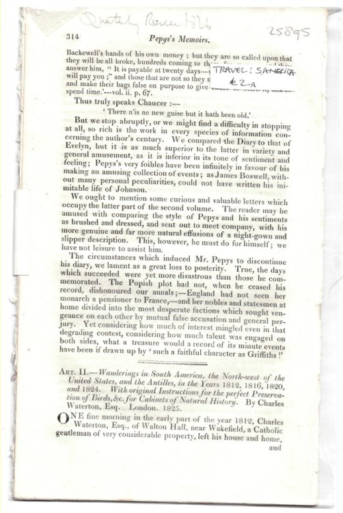 Art. II. - Wanderings in South America, the North-West of the United States and the Antilles, in the Years 1812, 1816, 1820 and 1824. . by Charles Waterton, Esq. London 1825 - Disbound from the Quarterly Review 1826