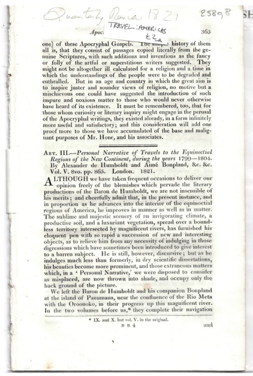Art. III. Personal Narrative of Travels to the Equinoctal Regions of the New Continent, During the Years 1799-1804. by Alexander De Humboldt and Aim Bonpland; & C. &c. Vol. V. 8vo. Pp. 865. London, 1821. - Disbound from the Quarterly Review 1821