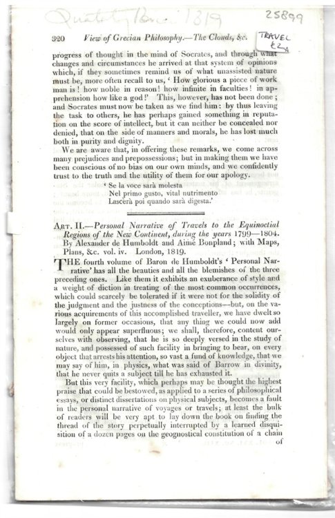 Art. II. Personal Narrative of Travels to the Equinoctal Regions of the New Continent, During the Years 1799-1804. by Alexander De Humboldt and Aim Bonpland; with Maps, Plans, & C. Vol. IV. London, 1819. - Disbound from the Quarterly Review 1819