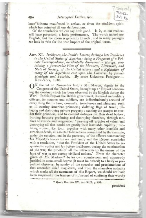 Art. XI. Inchiquen, the Jesuit's Letters, During a Late Residence in the United States of America; . - Disbound from the Quarterly Review 1813