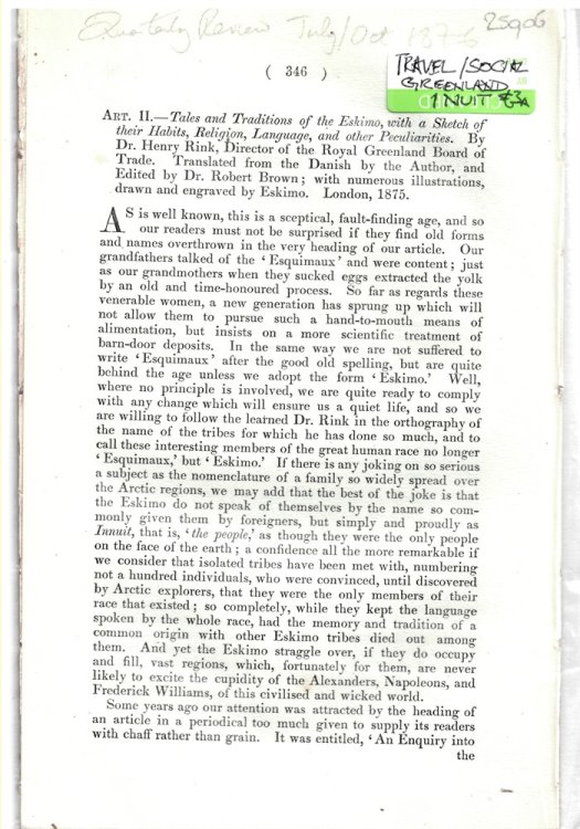 Art. II - Tales and Traditions of the Eskimo, with a Sketch of Their Habits, Religion, Language, and Other Peculiarities. by Dr. Henry Rink, . - Disbound from the Quarterly Review 1876