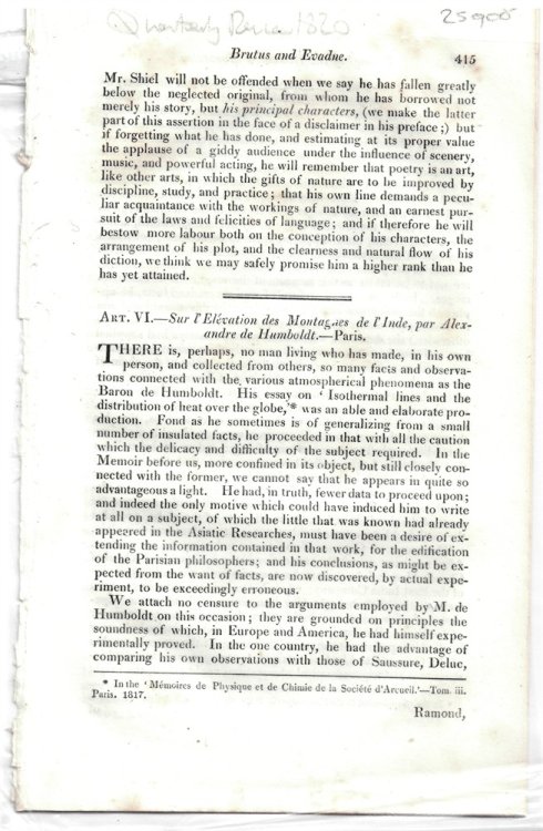 Art. VI. - Sur L'Elvation Des Montagnes De L'Inde, Par Alexandre De Humboldt. - Paris. - Disbound from the Quarterly Review 1820