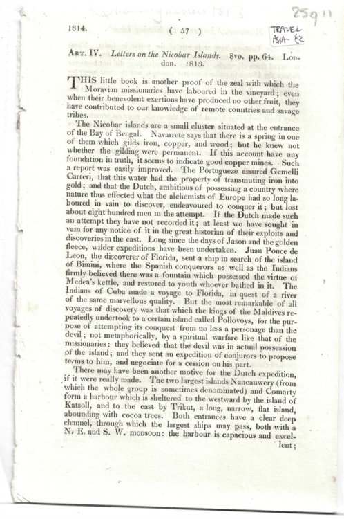 Art. IV. Letters on the Nicobar Islands. 8vo. Pp. 64. London. 1813 - Disbound from the Quarterly Review 1814