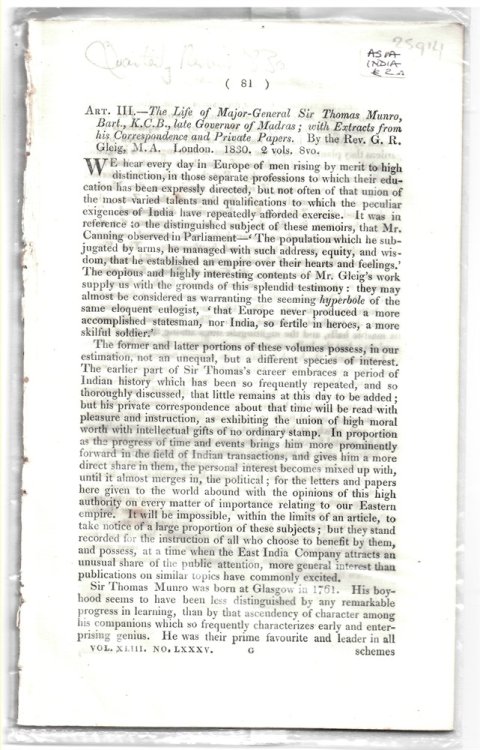 Art. III. - The Life of Major-General Sir Thomas Munro, Bart., K.C.B., late Governor of Madras; with extracts from his correspondence and private papers. By the Rev. G.R. Gleig, M.A. London, 1830. 2 Vols. 8vo. - Disbound from the Quarterly Review 1830