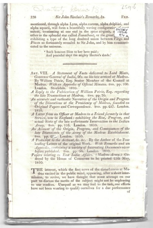 Art. VIII. a Statement of Facts Delivered to Lord Minto, Governor General of India, & C. on His Late Arrival At Madras. by William Petrie, Esq. Senior Member of the Council At Madras. . - Disbound from the Quarterly Review 1810