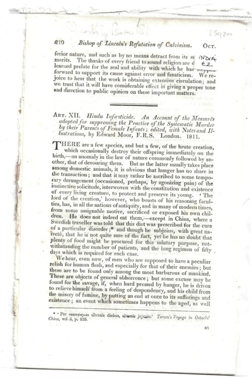 Art. XII. Hindu Infanticide. An account of the Measures adopted for suppressing the practice of the systematic murder by their parents of female infants; edited, with notes and illustrations, by Edward Moor, F.R.S. London, 1811 - Disbound from the Quarter