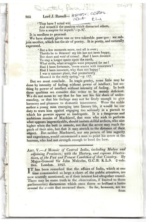 Art. V. - A memoir of Central India, including Malwa and adjoining provinces; with the history, and copious illustrations, of the past and present condition of that country. By Major-General Sir John Malcolm, G.C.B. K.L.S. 2 Vols. 8vo. London. 1823 - Disb