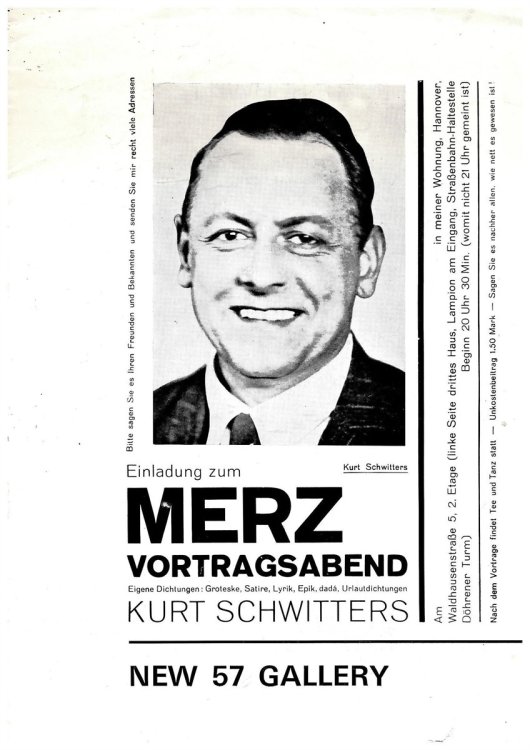 EINLADUNG ZUM MERZ. VORTRAGSABEND. EIGENE DICHTUNGEN: GROTESKE, SATIRE, LYRIK, EPIK, Dadt, URLAUTDICHTUNGEN. KURT SCHWITTERS