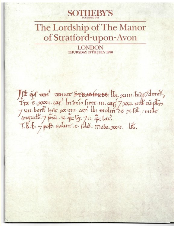 The Lordship of the Manor of Stratford-Upon-Avon. London Thursday 19th July 1990