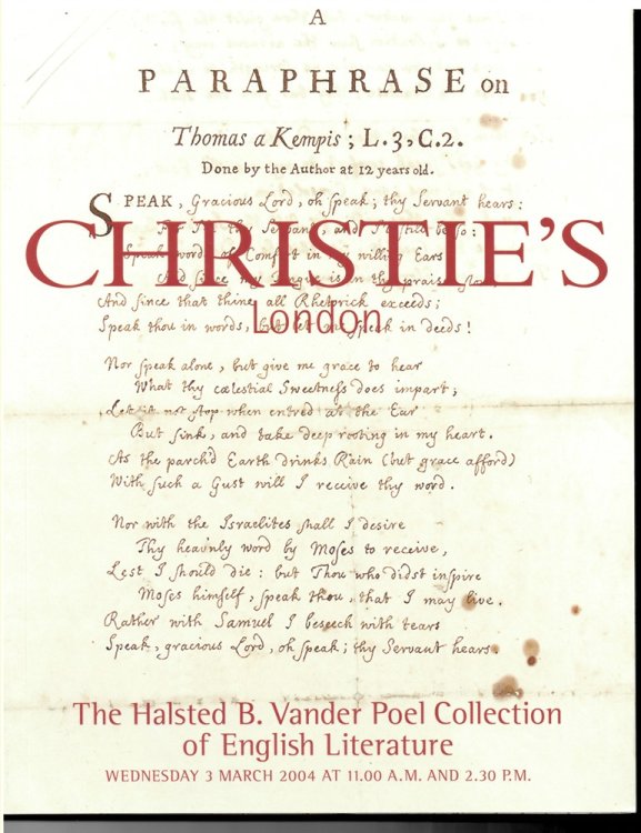 The Halsted B. Vander Poel Collection of English Literature. Wednesday 3 March 2004