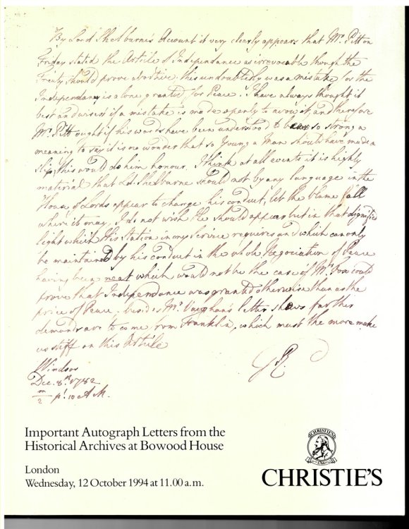 Important Autograph Letters from the Historical Archives At Bowood House. Wednesday, 12 October 1994