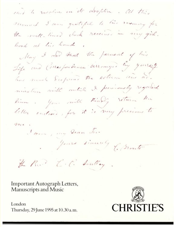 Important Autograph Letters, Manuscripts and Music. London. Thursday, 29 June 1995