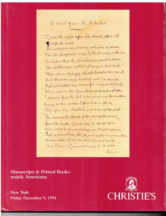 Manuscripts & Printed Books: Mainly Americana. New York. Friday, December 9 1994