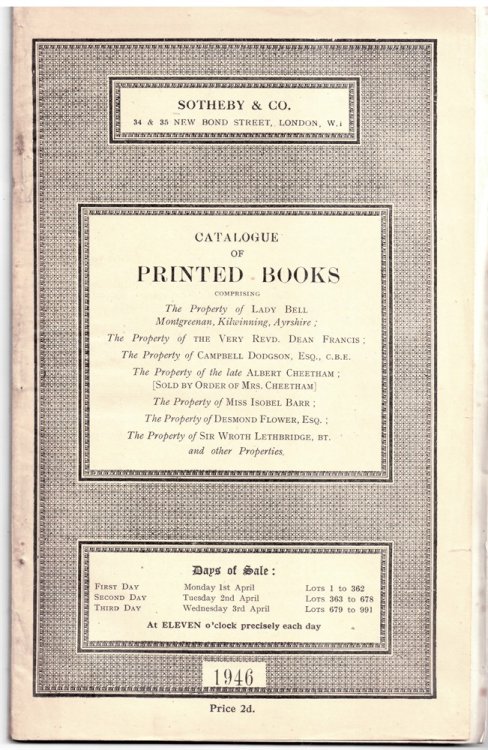 Catalogue of Printed Books Comprising First, Standard and Limited Editions of English Literature, History . Monday 1 April 1946