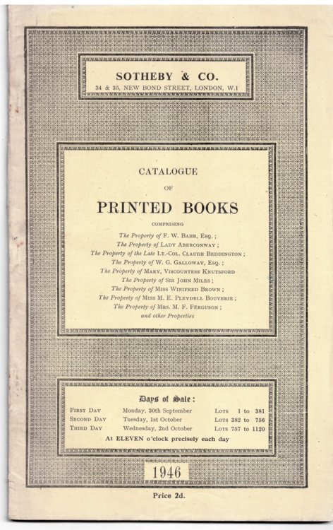 Catalogue of Printed Books Comprising First, Standard and Limited Editions of English Literature, History . Monday 30 September 1 2 October 1946