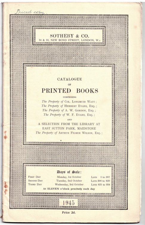 Catalogue of Printed Books Comprising Drama; Travel; Botany; Tracts; and General Literature . Monday 1 October 1945