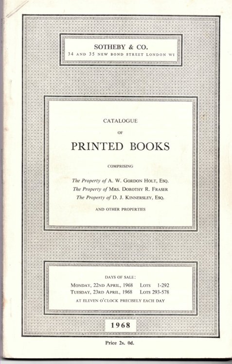 Catalogue of Printed Books Comprising English Literature of the 16th to 20th Century . Monday 22 23 April 1968