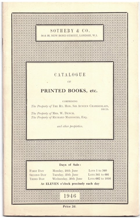 Catalogue of Printed Books Comprising First and Limited Editions of English Literature .24 25 26 June 1946