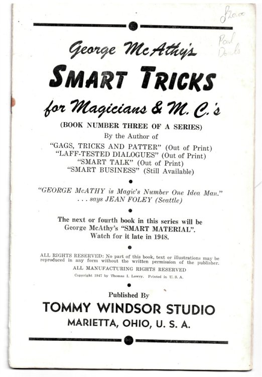 George Mcathy's Smart Tricks for Magicians & M. C.' S (Book Number Three of a Series)