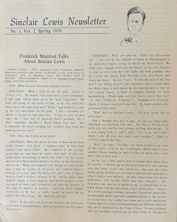 Sinclair Lewis Newsletter - Volume 2, No. 1 (Spring 1970)
