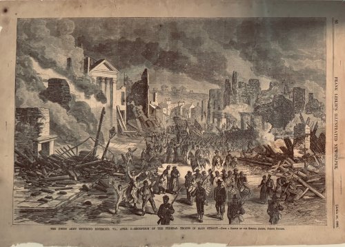 The Union Army Entering Richmond VA., Apr. 3, 1865 - Reception of the Federal Troops in Main Street. Original, Full page hand etched in wood for Frank Leslie's Illustrated (April 8, 1865 - Vol. XX, No. 500) From a sketch by Joseph Becker