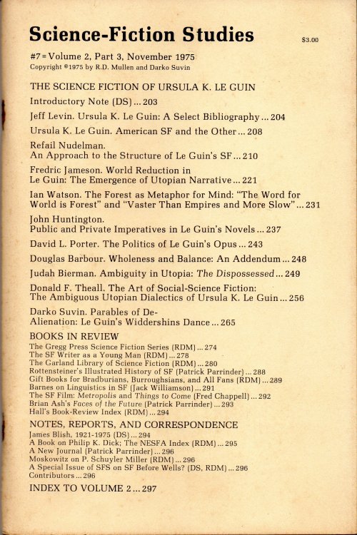 SCIENCE FICTION STUDIES #7: THE SCIENCE FICTION OF URSULA K. LEGUIN