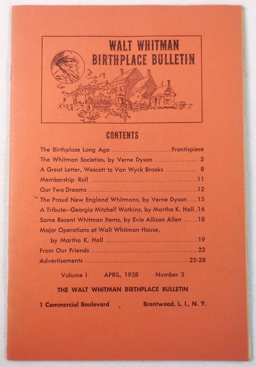 Walt Whitman Birthplace Bulletin. Volume I, Number 3 - April 1958