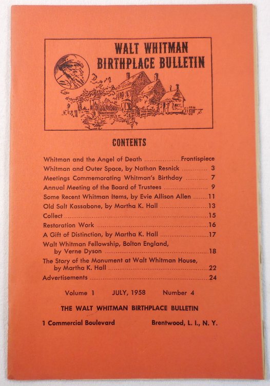 Walt Whitman Birthplace Bulletin. Volume I, Number 4 - July 1958