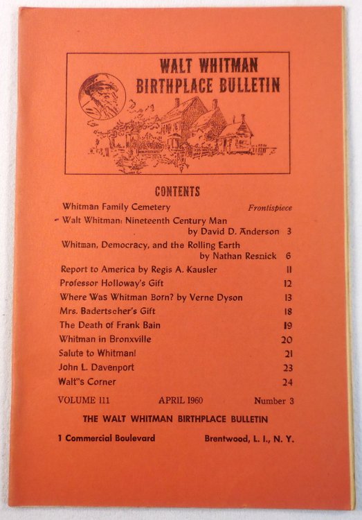 Walt Whitman Birthplace Bulletin. Volume III, Number 3 - April 1960