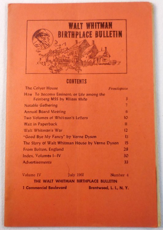 Walt Whitman Birthplace Bulletin. Volume IV, Number 4 - July 1961