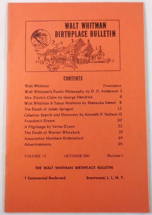 Walt Whitman Birthplace Bulletin. Volume IV, Number 1 - October 1960