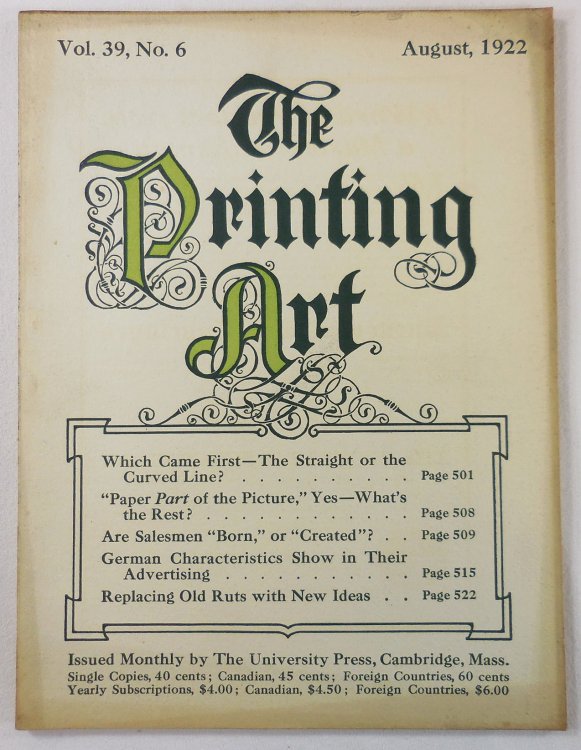 The Printing Art. Vol. 39, No. 6, August 1922. A Monthly Magazine of the Art of Printing and of the Allied Arts